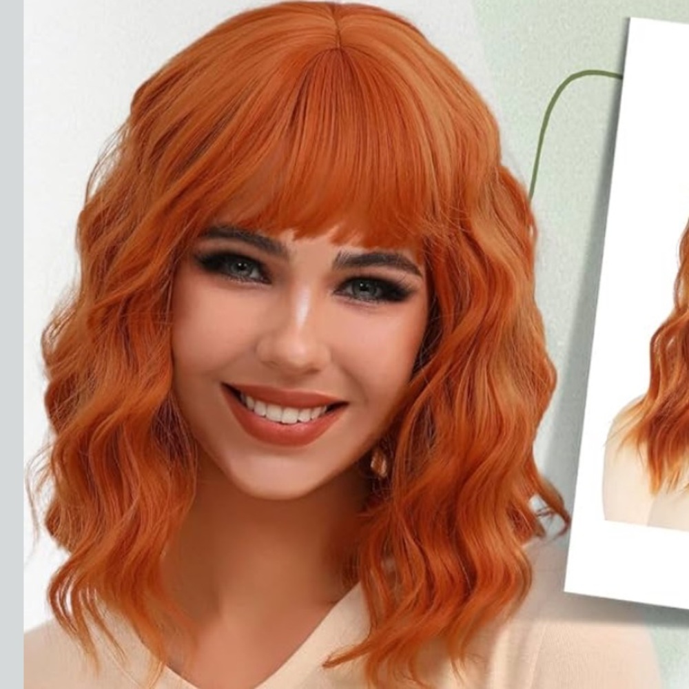 Vibrant Orange Wavy Wig with Bangs
